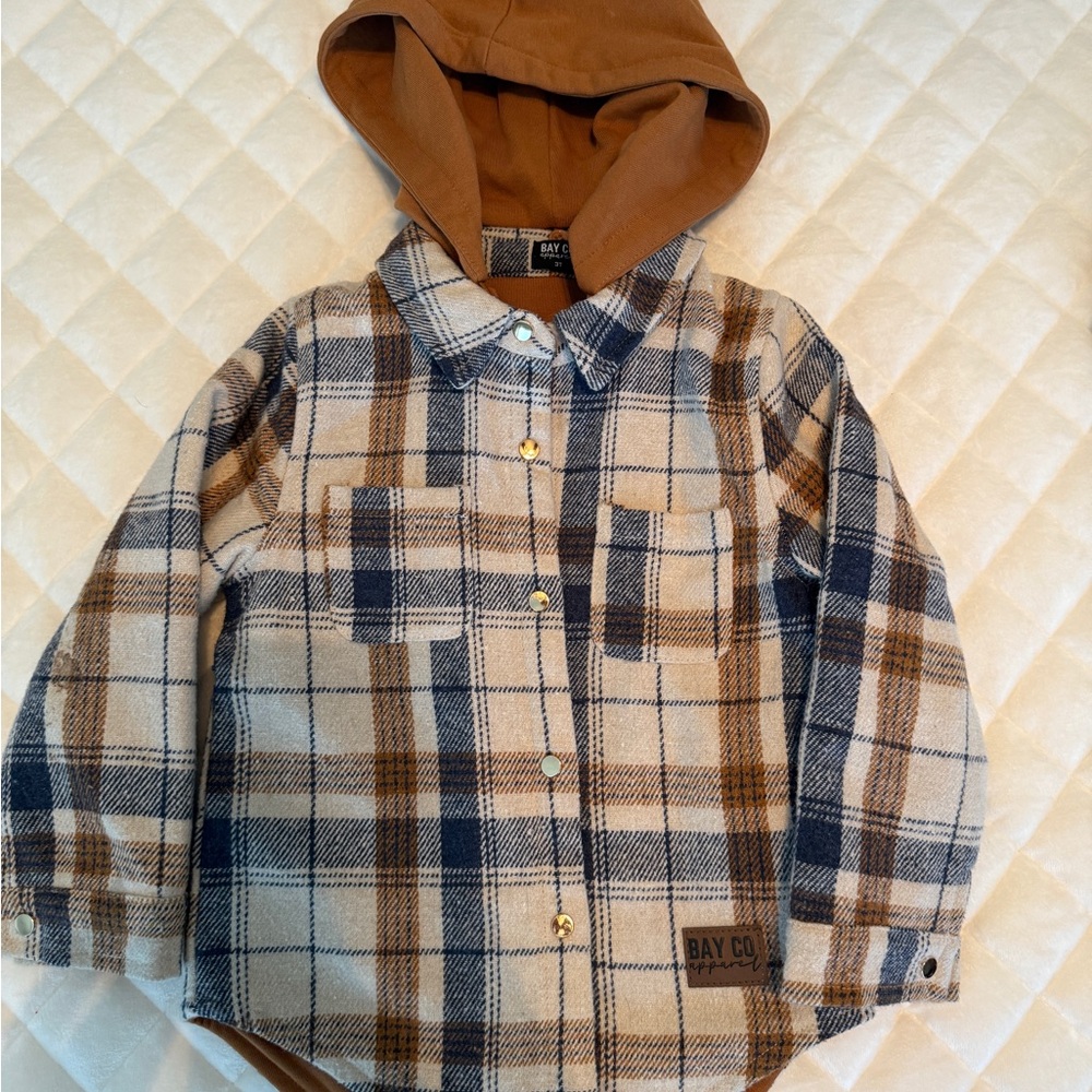 Kids Plaid Hooded Shirt - Brown and Cream
